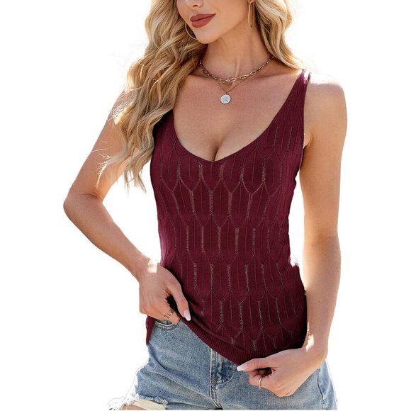 Feoya Women Red Scoop Neck Knitted Cami Layering Sleeveless Pointelle Sweater - Picture 1 of 6